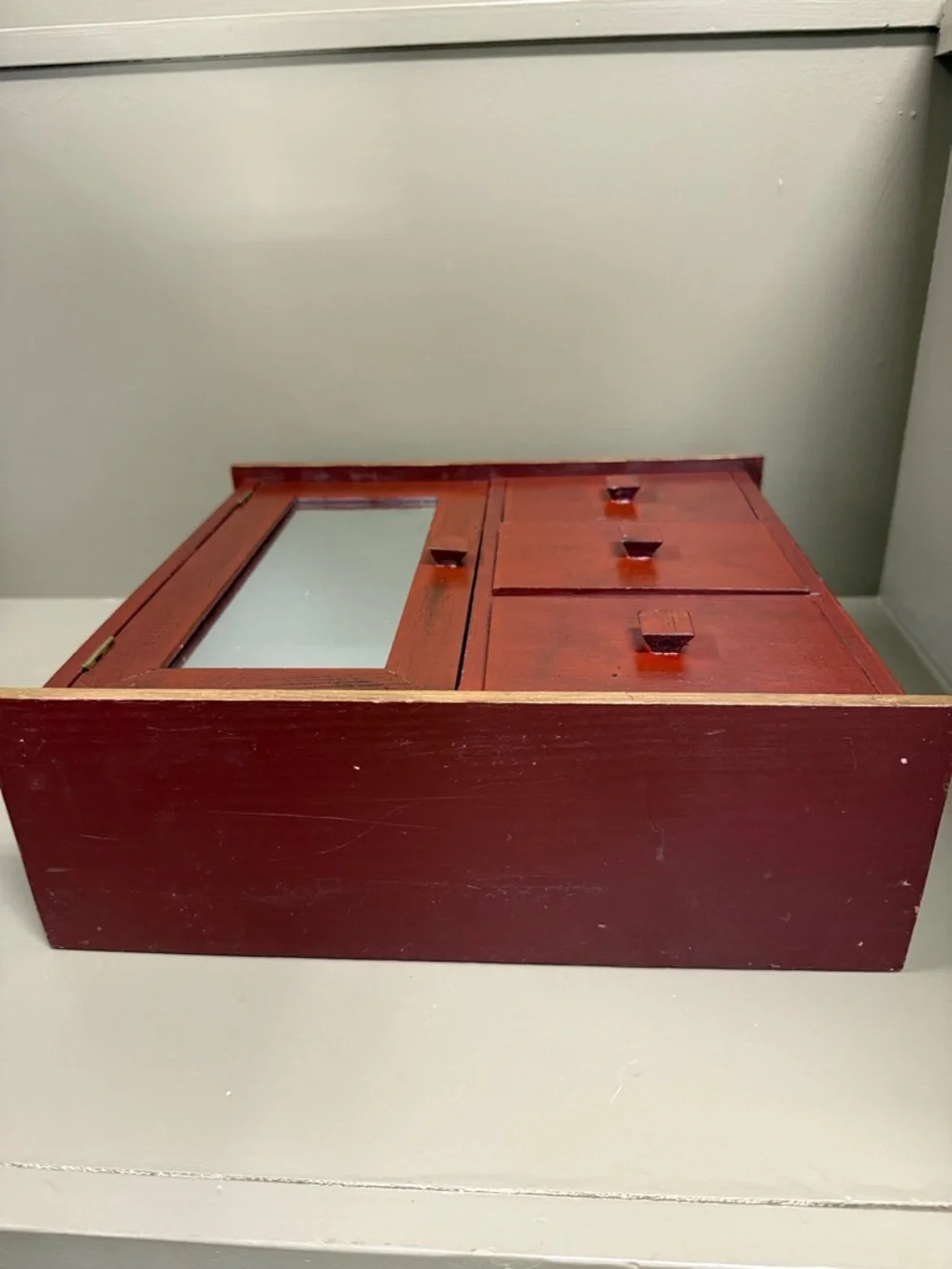 Reddish & Gold Wooden Jewelry Cabinet with Mirror & 3 Drawers. 12” x 13” x 5”